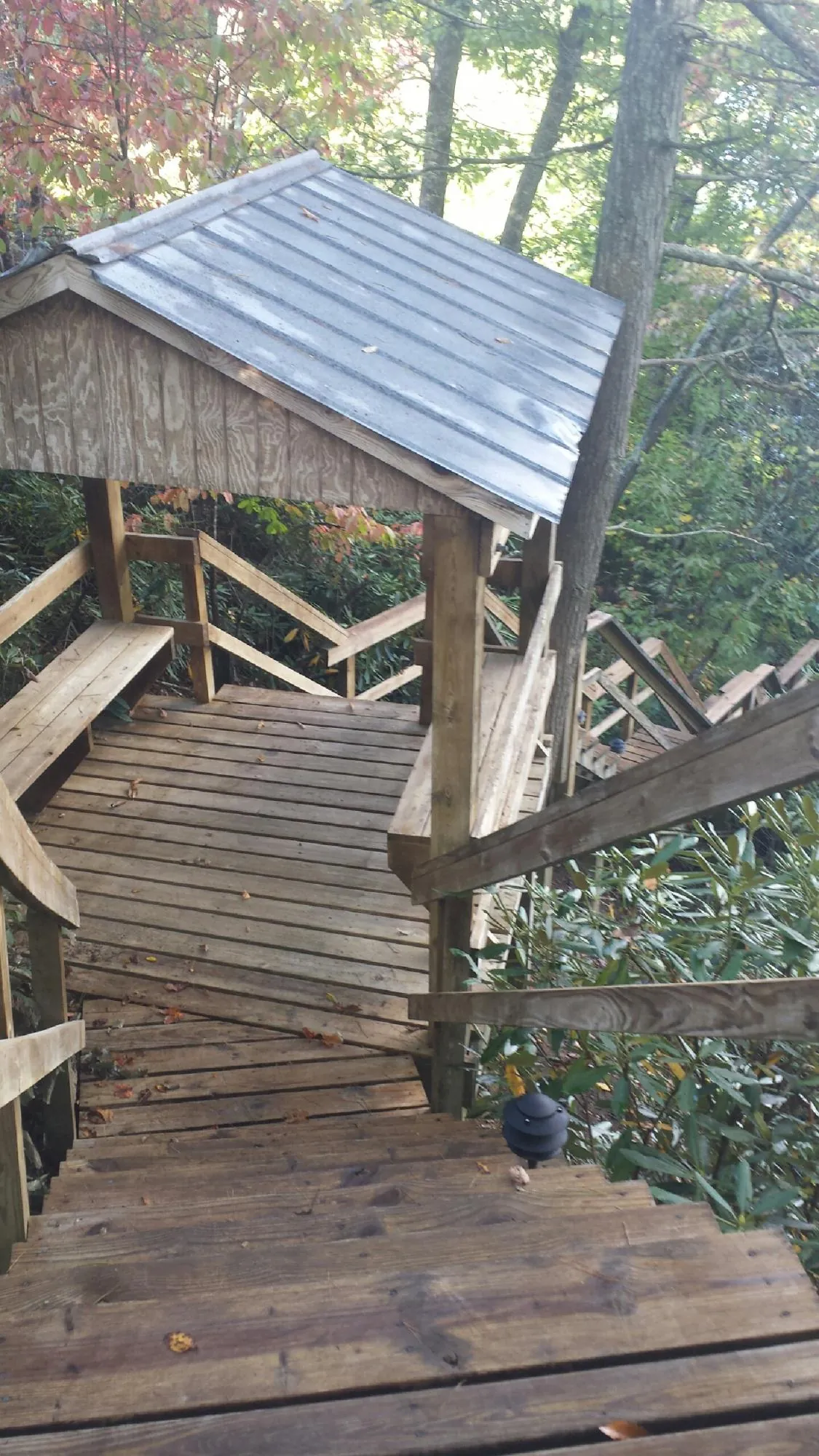 Metal roofed shelter over wooden steps on a wooded walkway — Skylight Repair & Installation work by our crew in Picacho
